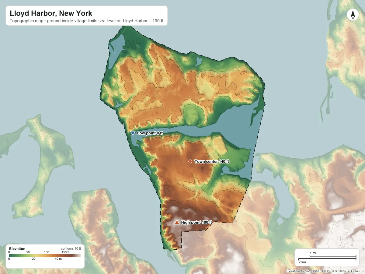 Topographic elevation map of Lloyd Harbor, New York, shaded from sea level level on Lloyd Harbor to 190 ft on the south side