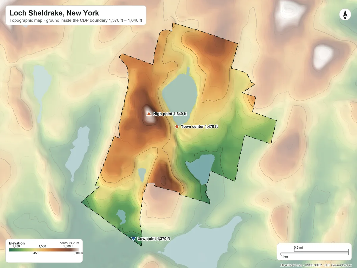 Topographic elevation map of Loch Sheldrake, New York, shaded from 1,370 ft on the south side to 1,640 ft on the northwest side