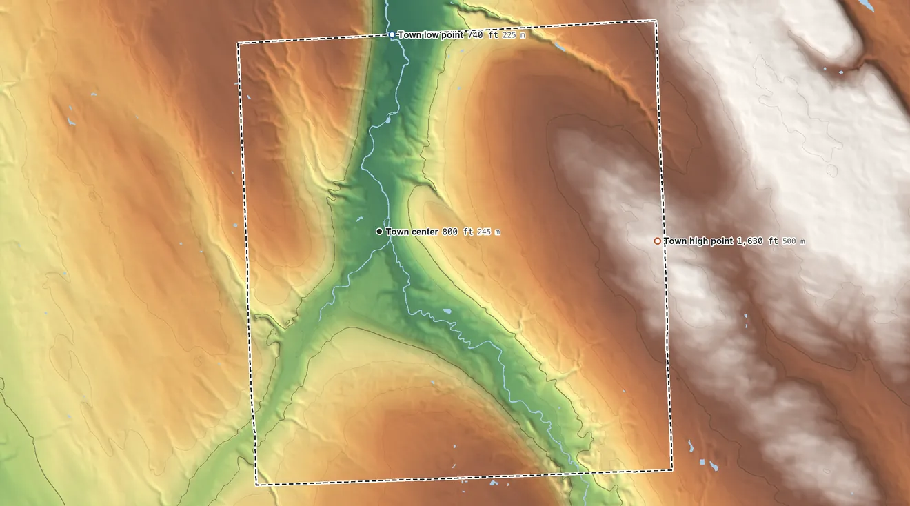 Topographic elevation map of Locke, New York, shaded from 740 ft on the north side to 1,630 ft on the east side