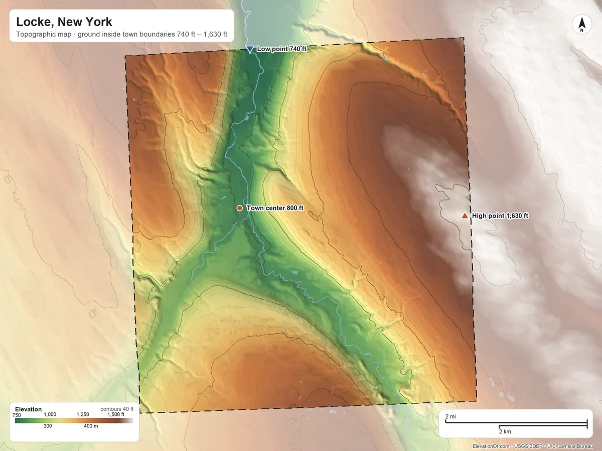 Topographic elevation map of Locke, New York, shaded from 740 ft on the north side to 1,630 ft on the east side