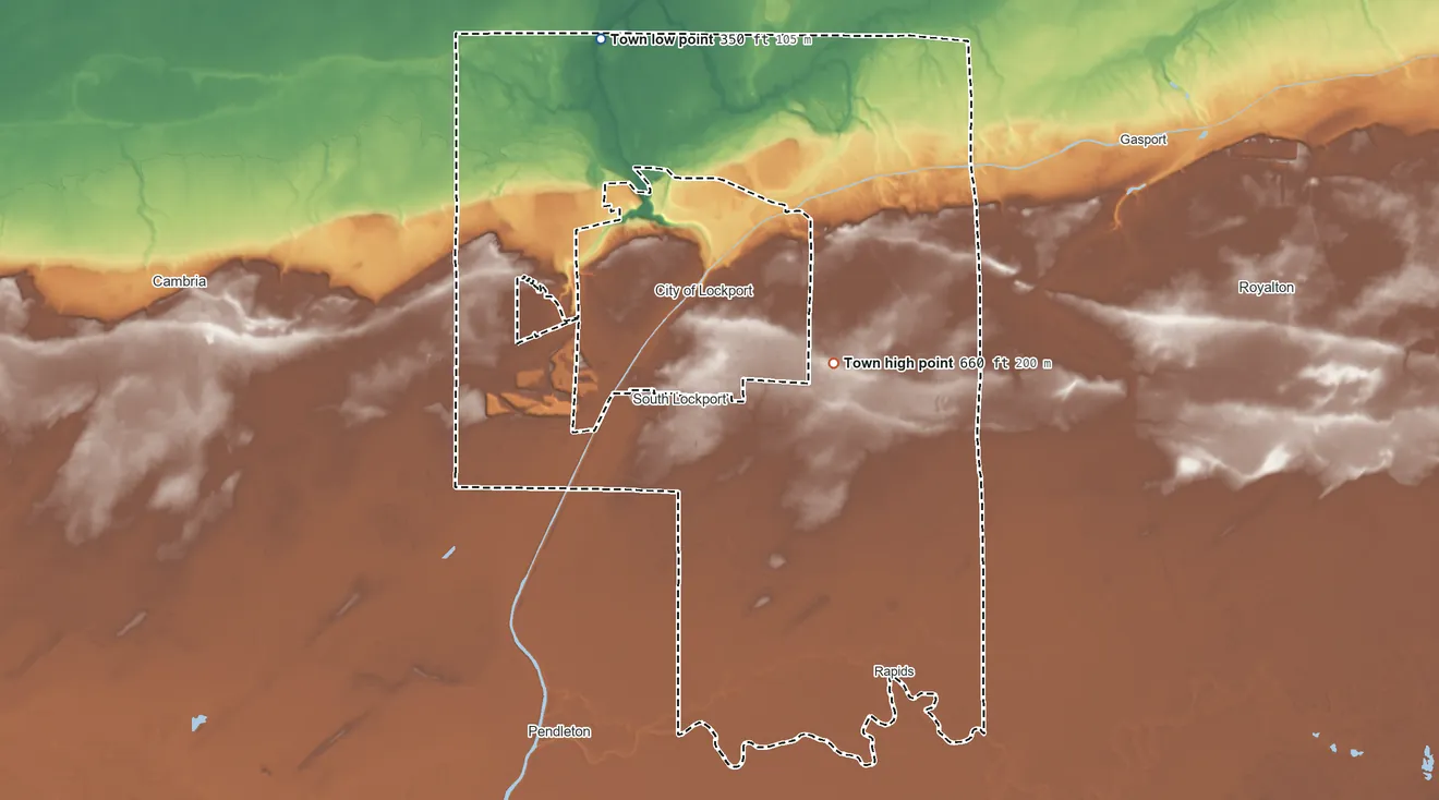 Topographic elevation map of Lockport, New York, shaded from 350 ft on the north side to 660 ft on the northeast side