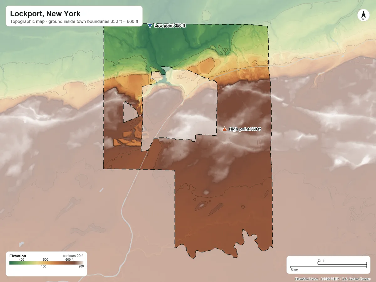 Topographic elevation map of Lockport, New York, shaded from 350 ft on the north side to 660 ft on the northeast side