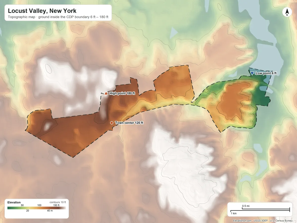 Topographic elevation map of Locust Valley, New York, shaded from 6 ft on the east side to 180 ft on the north side