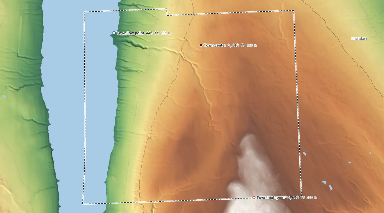 Topographic elevation map of Lodi, New York, shaded from 440 ft on the west side to 1,640 ft on the south side