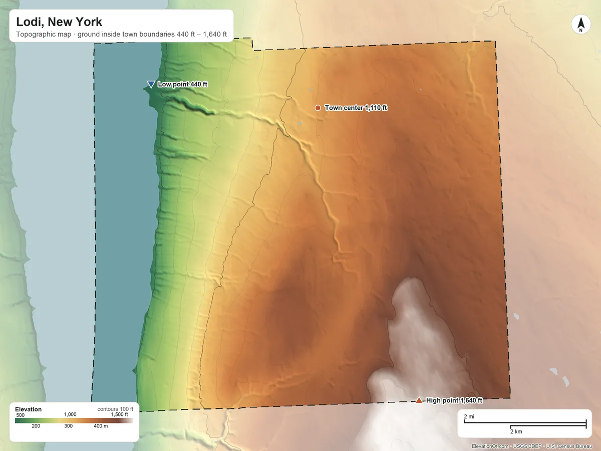 Topographic elevation map of Lodi, New York, shaded from 440 ft on the west side to 1,640 ft on the south side