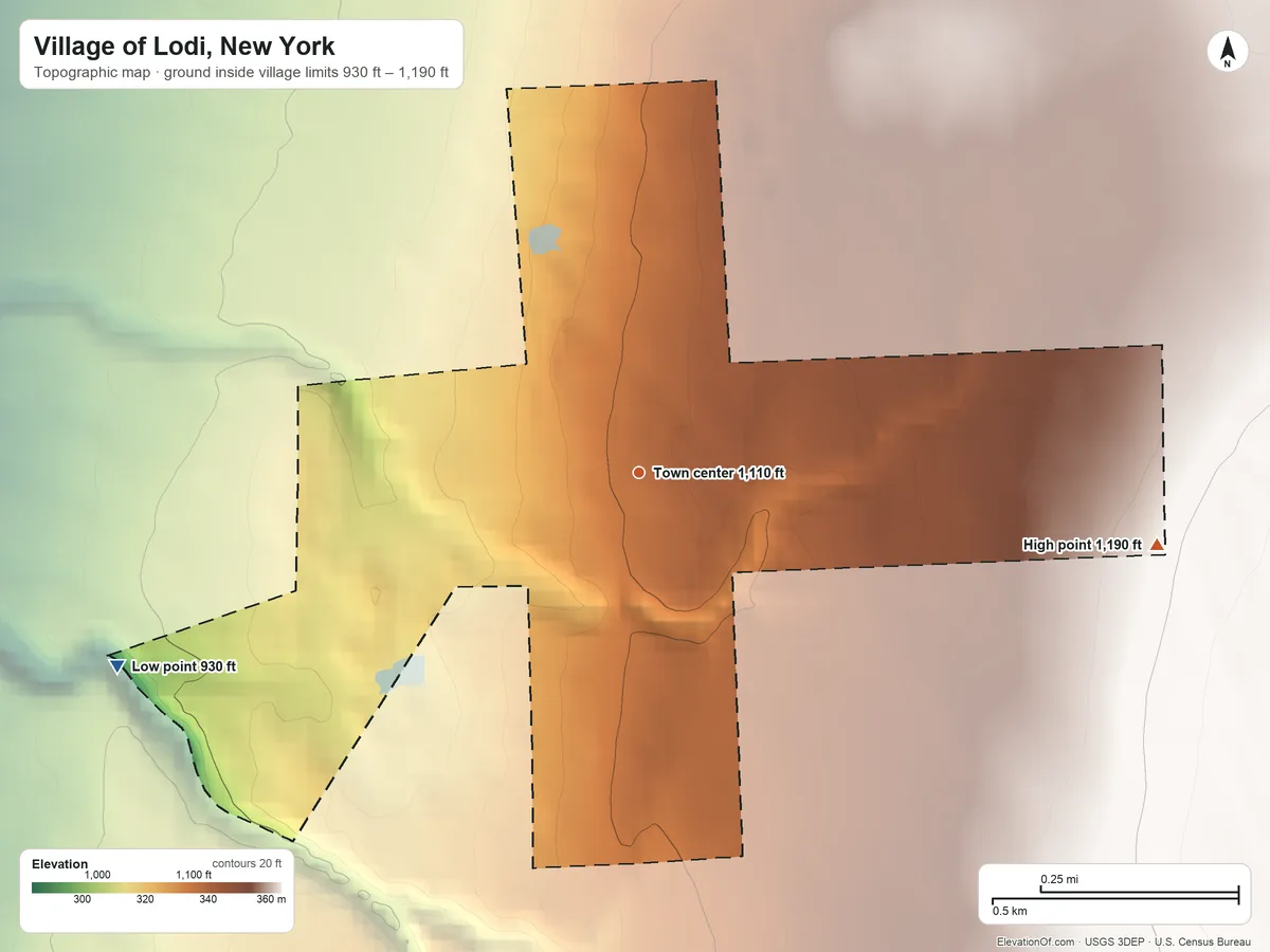 Topographic elevation map of Village of Lodi, New York, shaded from 930 ft on the west side to 1,190 ft on the east side