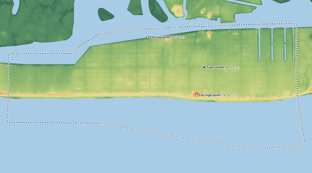 Topographic elevation map of Long Beach, New York, shaded from sea level level on the Atlantic Ocean to 24 ft near the middle