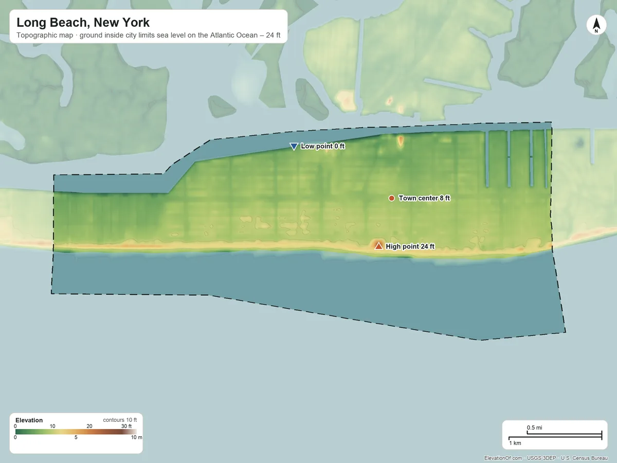 Topographic elevation map of Long Beach, New York, shaded from sea level level on the Atlantic Ocean to 24 ft near the middle