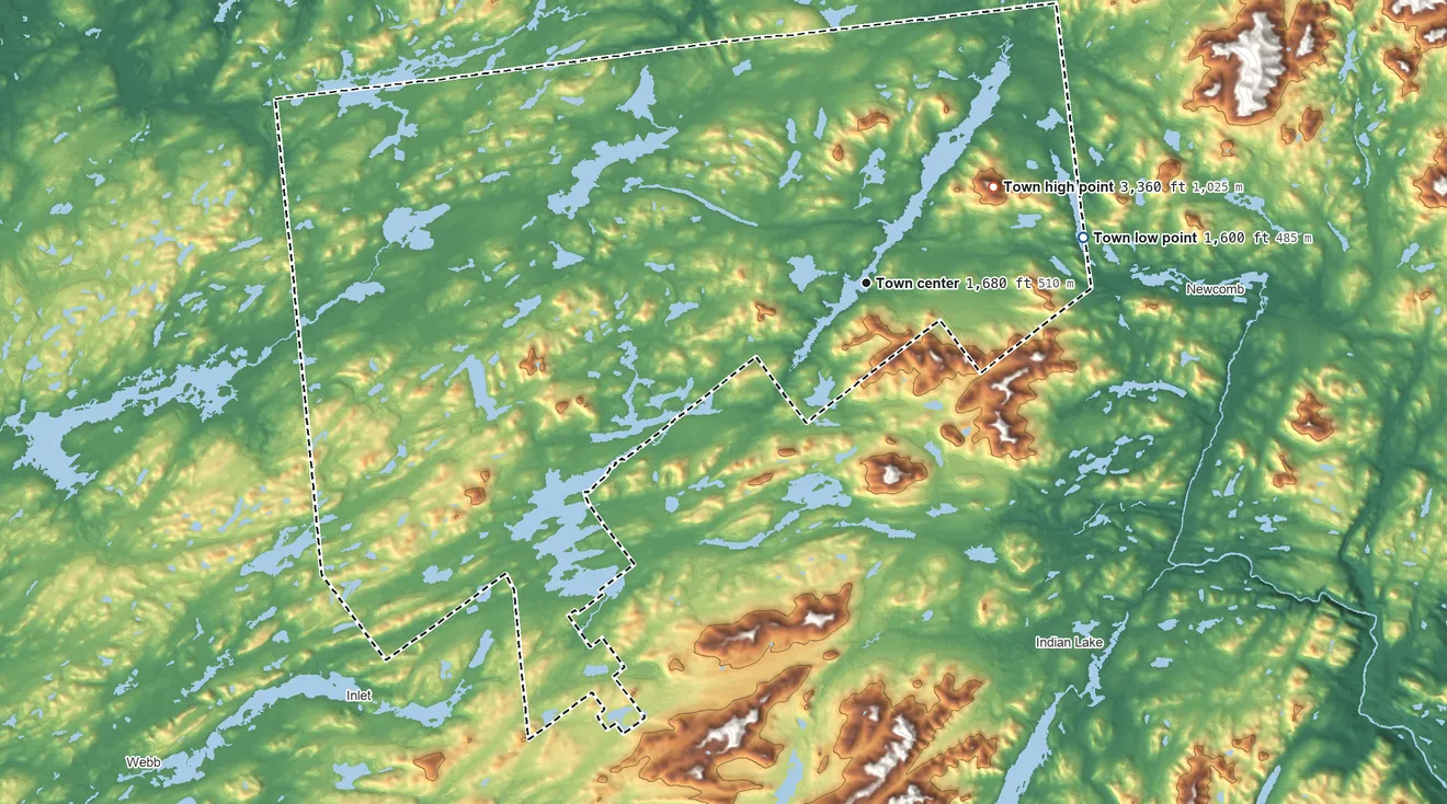 Topographic elevation map of Long Lake, New York, shaded from 1,600 ft on the east side to 3,360 ft on Kempshall Mountain