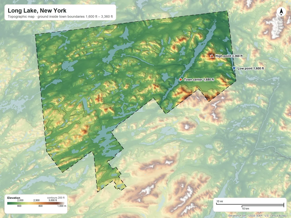 Topographic elevation map of Long Lake, New York, shaded from 1,600 ft on the east side to 3,360 ft on Kempshall Mountain