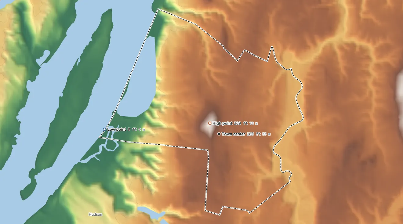 Topographic elevation map of Lorenz Park, New York, shaded from 0 ft on the west side to 230 ft near the middle