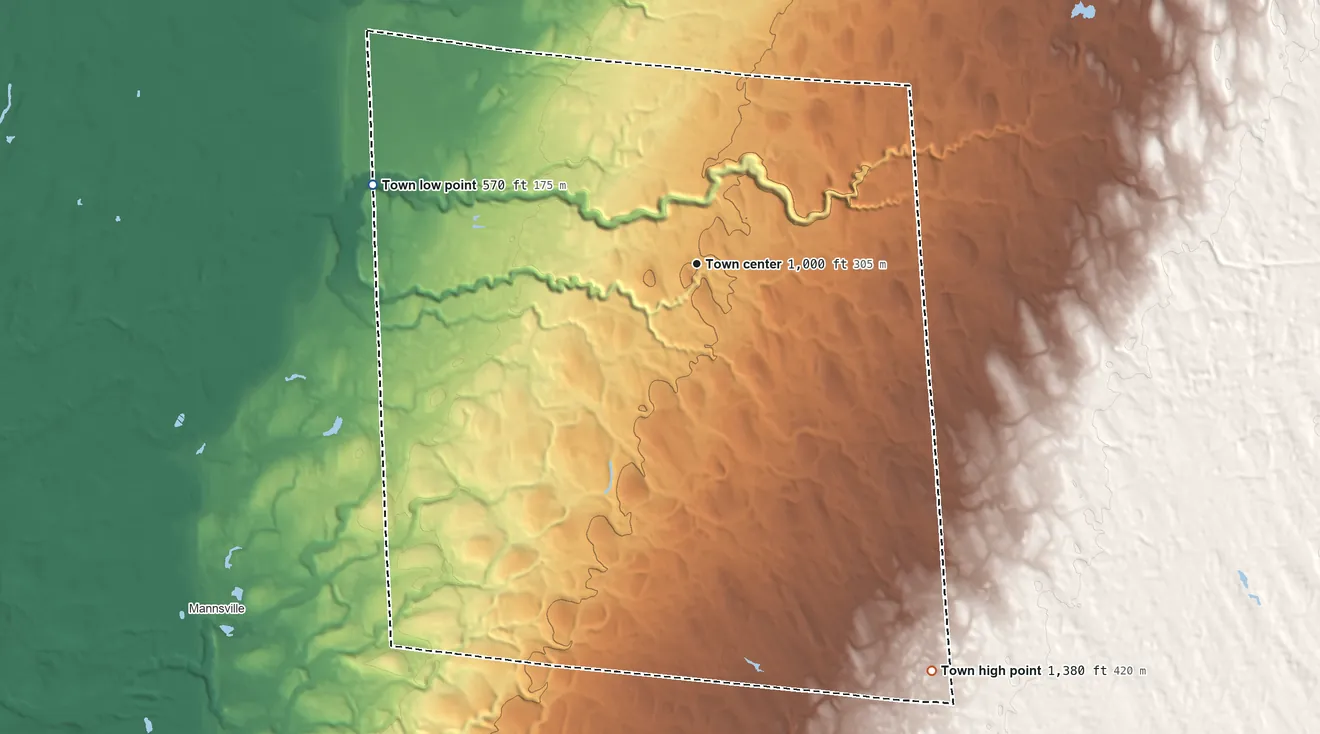Topographic elevation map of Lorraine, New York, shaded from 570 ft on the west side to 1,380 ft on the southeast side