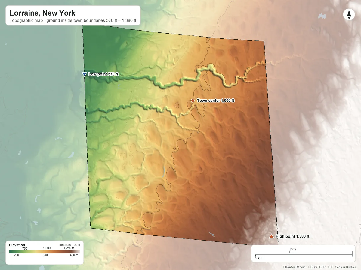 Topographic elevation map of Lorraine, New York, shaded from 570 ft on the west side to 1,380 ft on the southeast side