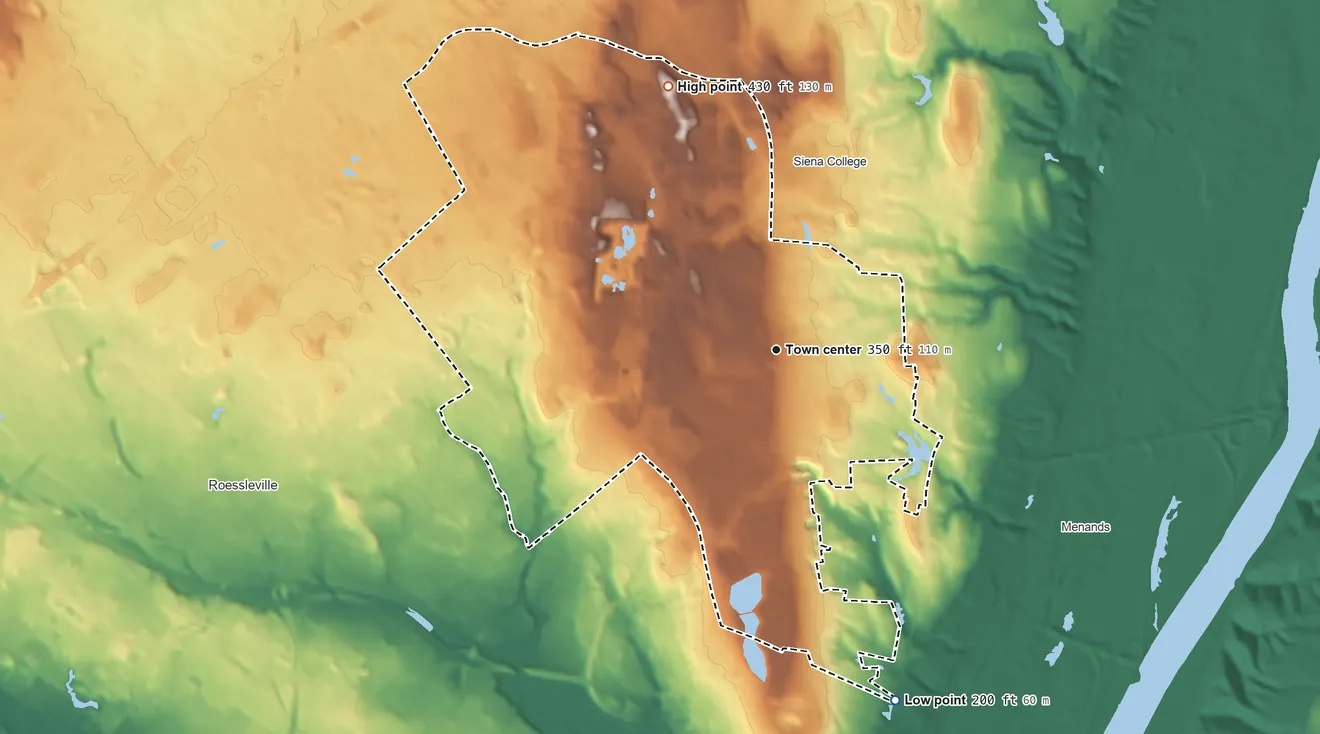 Topographic elevation map of Loudonville, New York, shaded from 200 ft on the south side to 430 ft on the north side