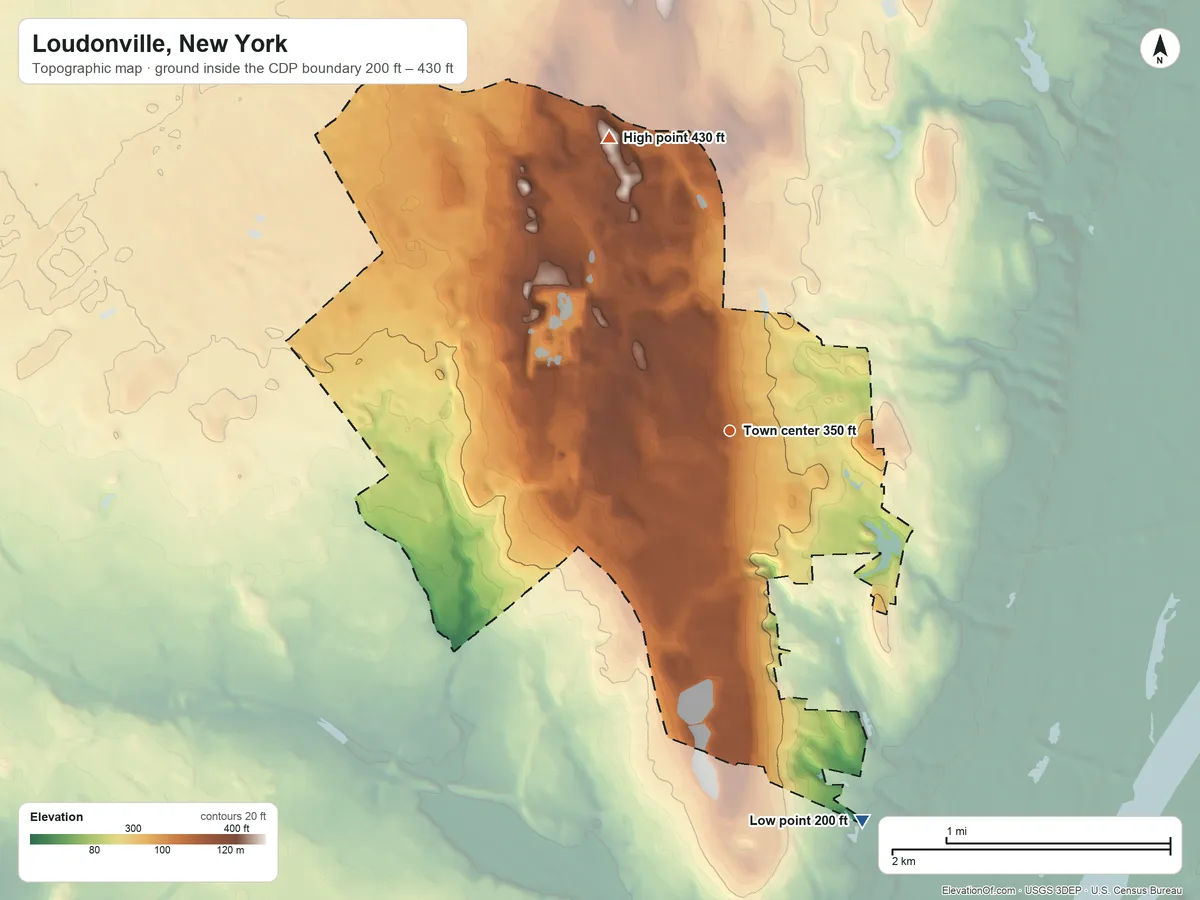 Topographic elevation map of Loudonville, New York, shaded from 200 ft on the south side to 430 ft on the north side