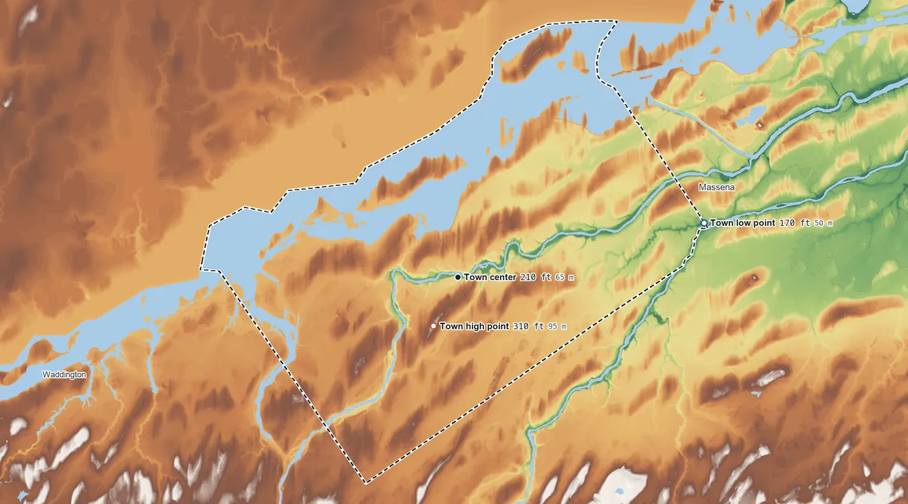 Topographic elevation map of Louisville, New York, shaded from 170 ft on the east side to 310 ft near the middle