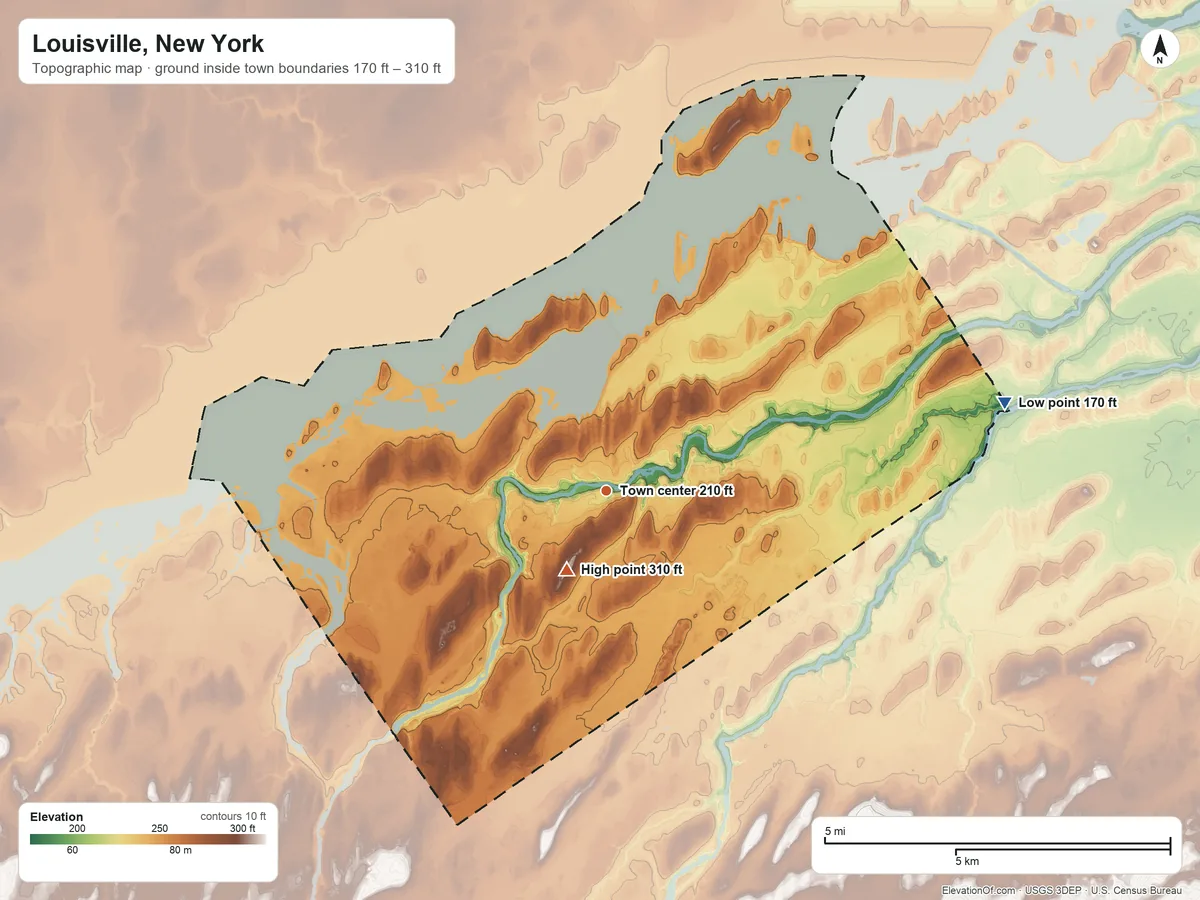 Topographic elevation map of Louisville, New York, shaded from 170 ft on the east side to 310 ft near the middle