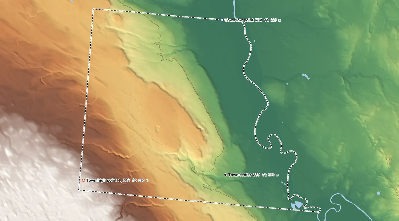 Topographic elevation map of Lowville, New York, shaded from 730 ft on the north side to 1,740 ft on the west side