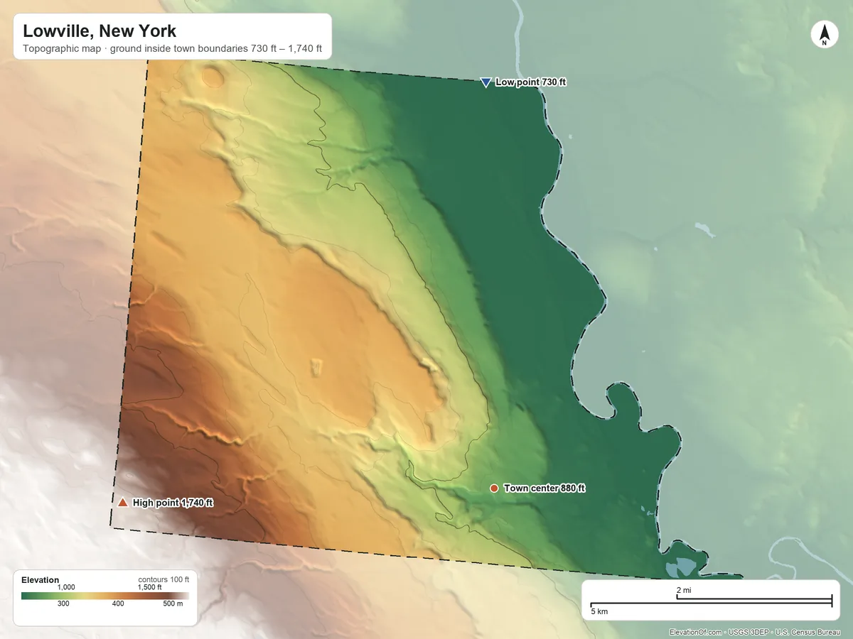 Topographic elevation map of Lowville, New York, shaded from 730 ft on the north side to 1,740 ft on the west side