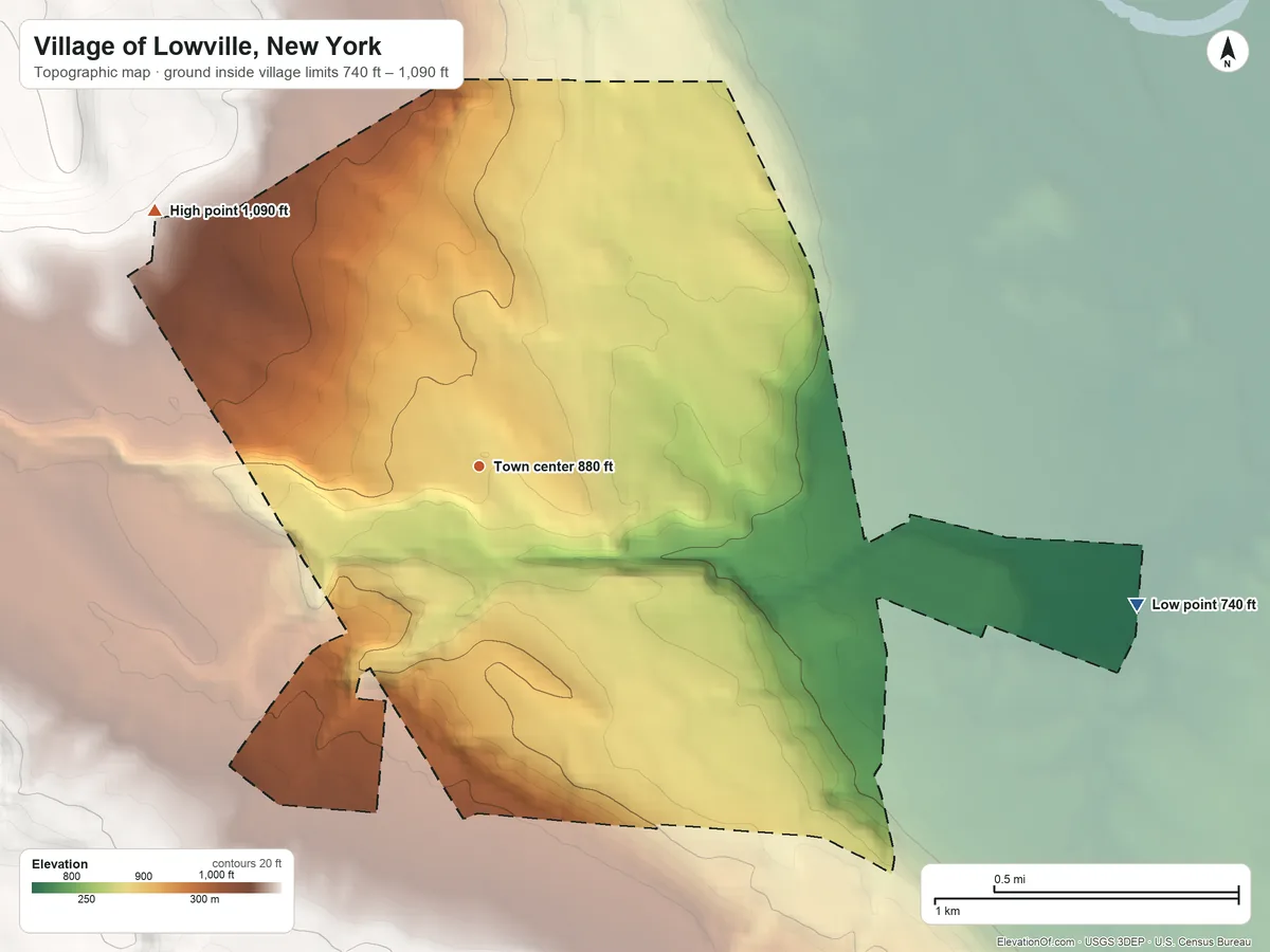 Topographic elevation map of Village of Lowville, New York, shaded from 740 ft on the east side to 1,090 ft on the northwest side