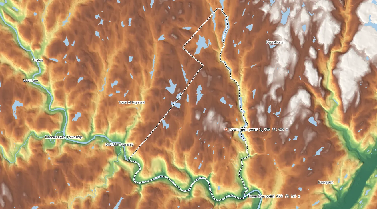 Topographic elevation map of Lumberland, New York, shaded from 470 ft on the southeast side to 1,530 ft on the northeast side
