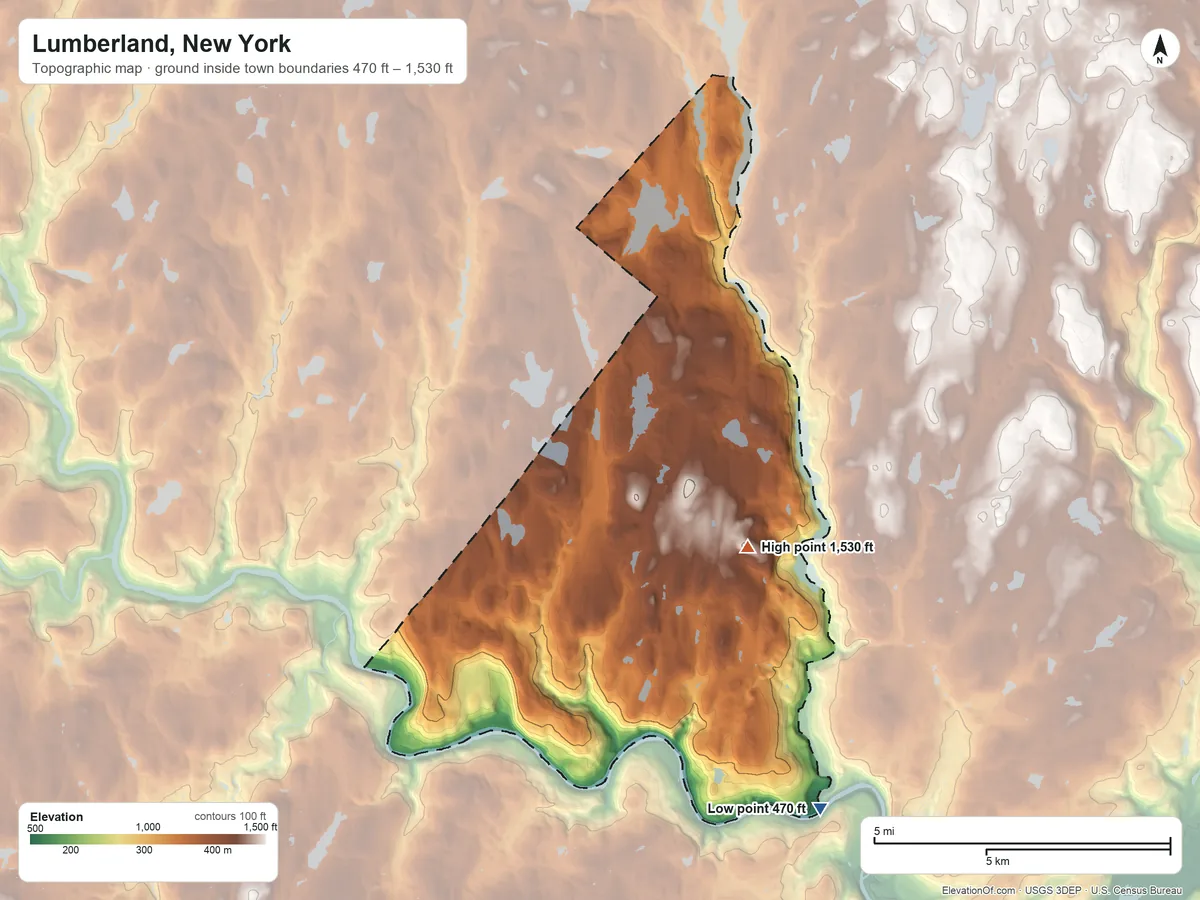 Topographic elevation map of Lumberland, New York, shaded from 470 ft on the southeast side to 1,530 ft on the northeast side