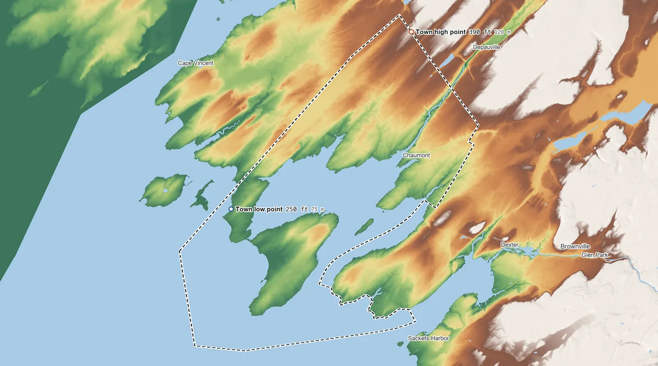 Topographic elevation map of Lyme, New York, shaded from 250 ft on the southwest side to 390 ft on the north side