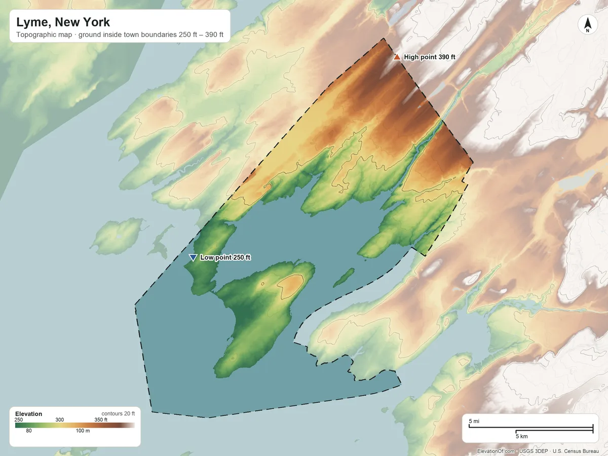 Topographic elevation map of Lyme, New York, shaded from 250 ft on the southwest side to 390 ft on the north side