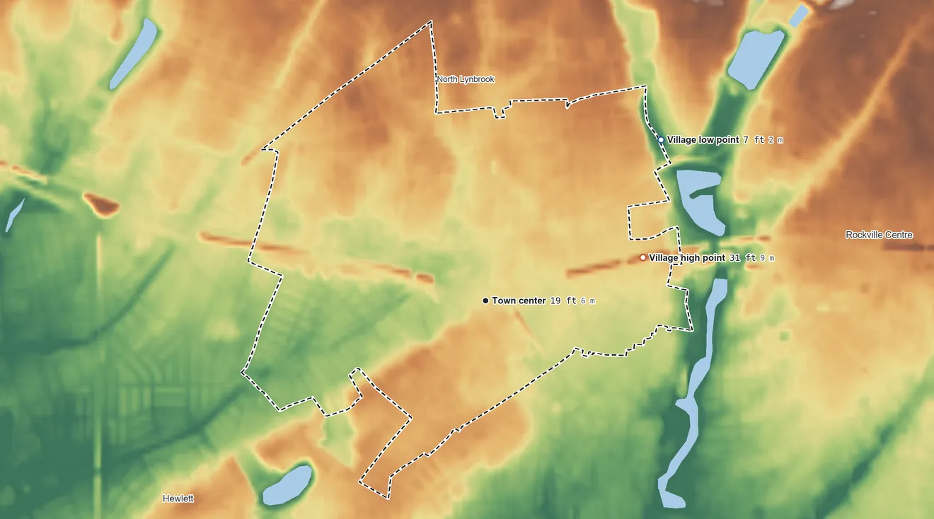 Topographic elevation map of Lynbrook, New York, shaded from 7 ft on the northeast side to 31 ft on the east side