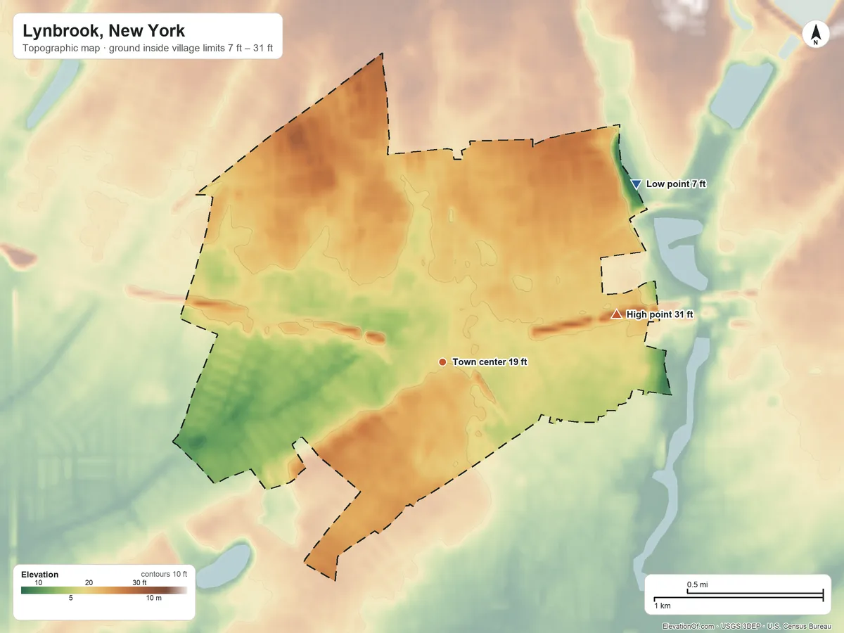 Topographic elevation map of Lynbrook, New York, shaded from 7 ft on the northeast side to 31 ft on the east side