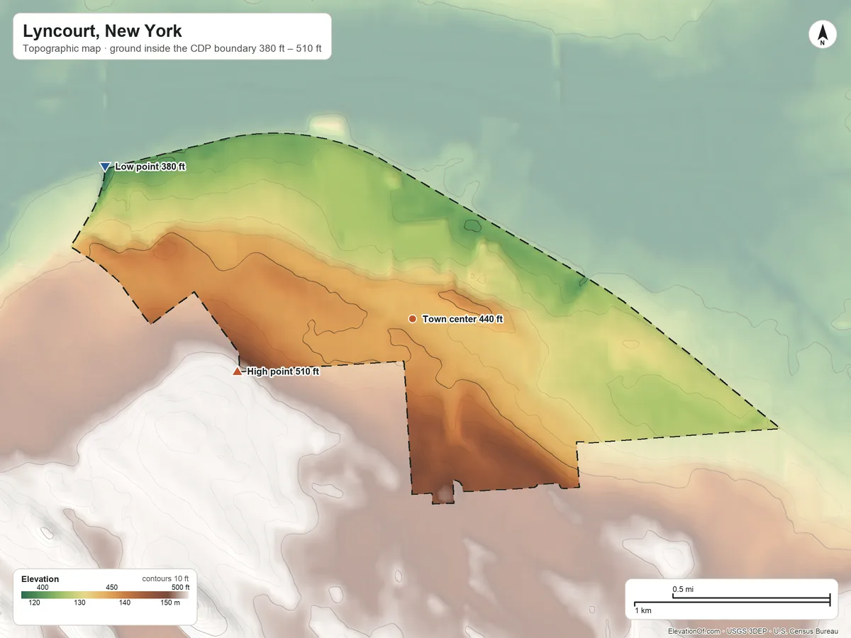 Topographic elevation map of Lyncourt, New York, shaded from 380 ft on the northwest side to 510 ft on the west side