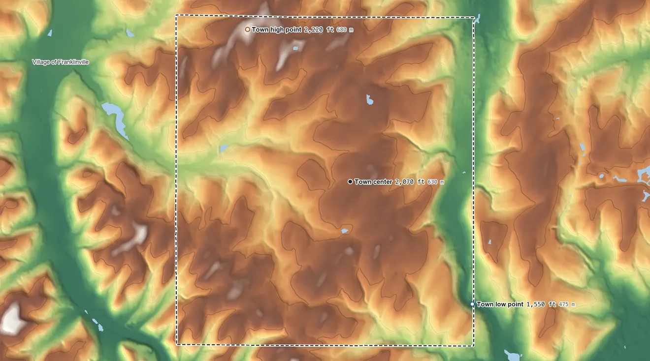Topographic elevation map of Lyndon, New York, shaded from 1,550 ft on the southeast side to 2,220 ft on the northwest side
