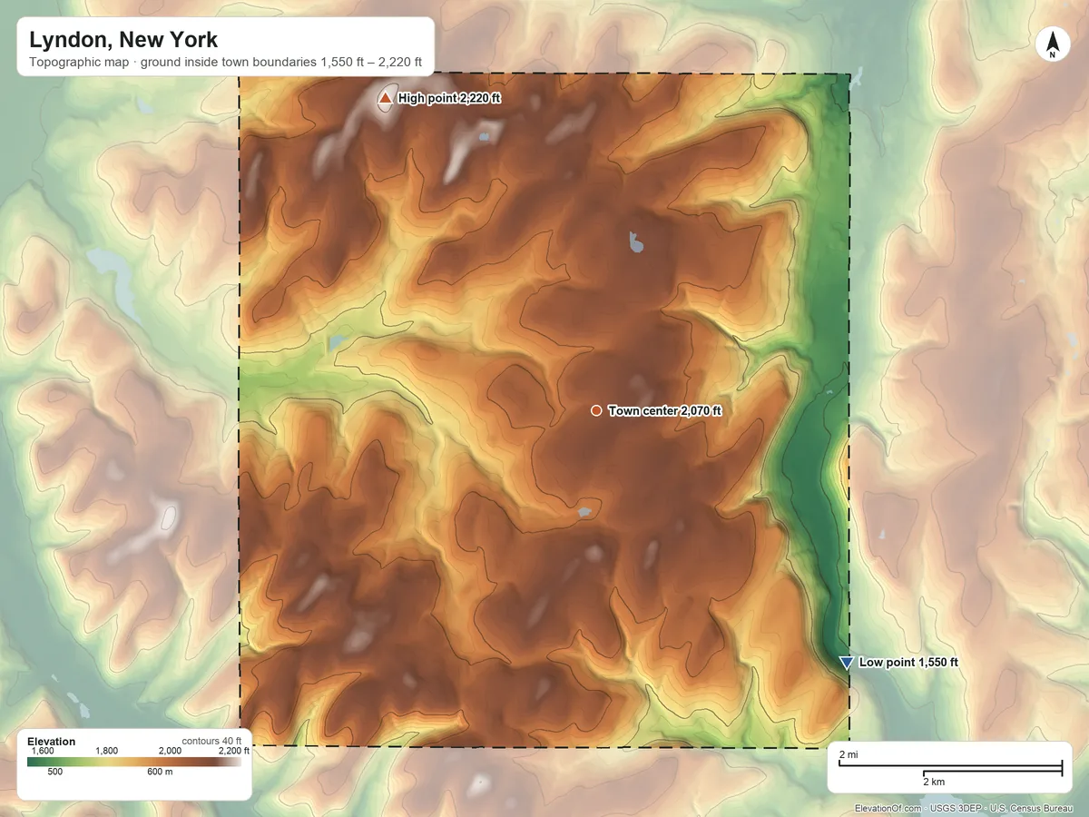 Topographic elevation map of Lyndon, New York, shaded from 1,550 ft on the southeast side to 2,220 ft on the northwest side