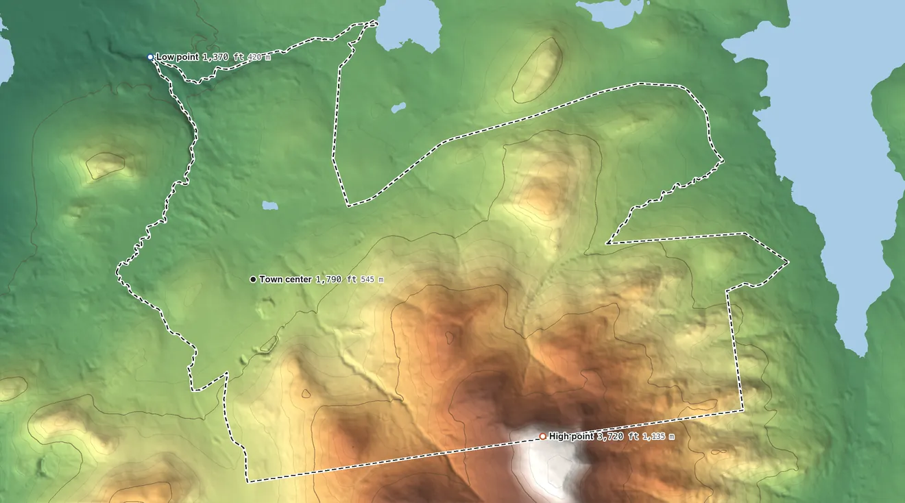Topographic elevation map of Lyon Mountain, New York, shaded from 1,370 ft on the northwest side to 3,720 ft on the southeast side