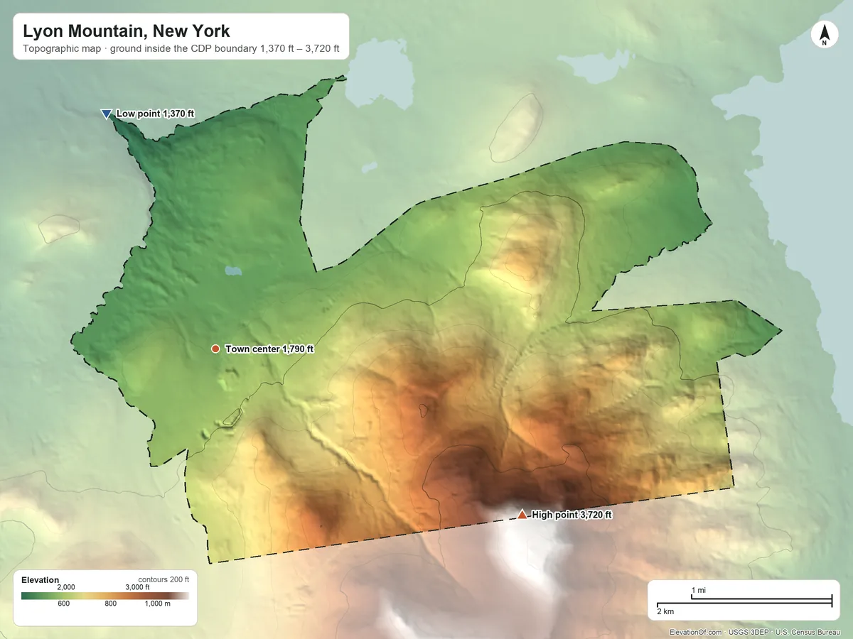 Topographic elevation map of Lyon Mountain, New York, shaded from 1,370 ft on the northwest side to 3,720 ft on the southeast side