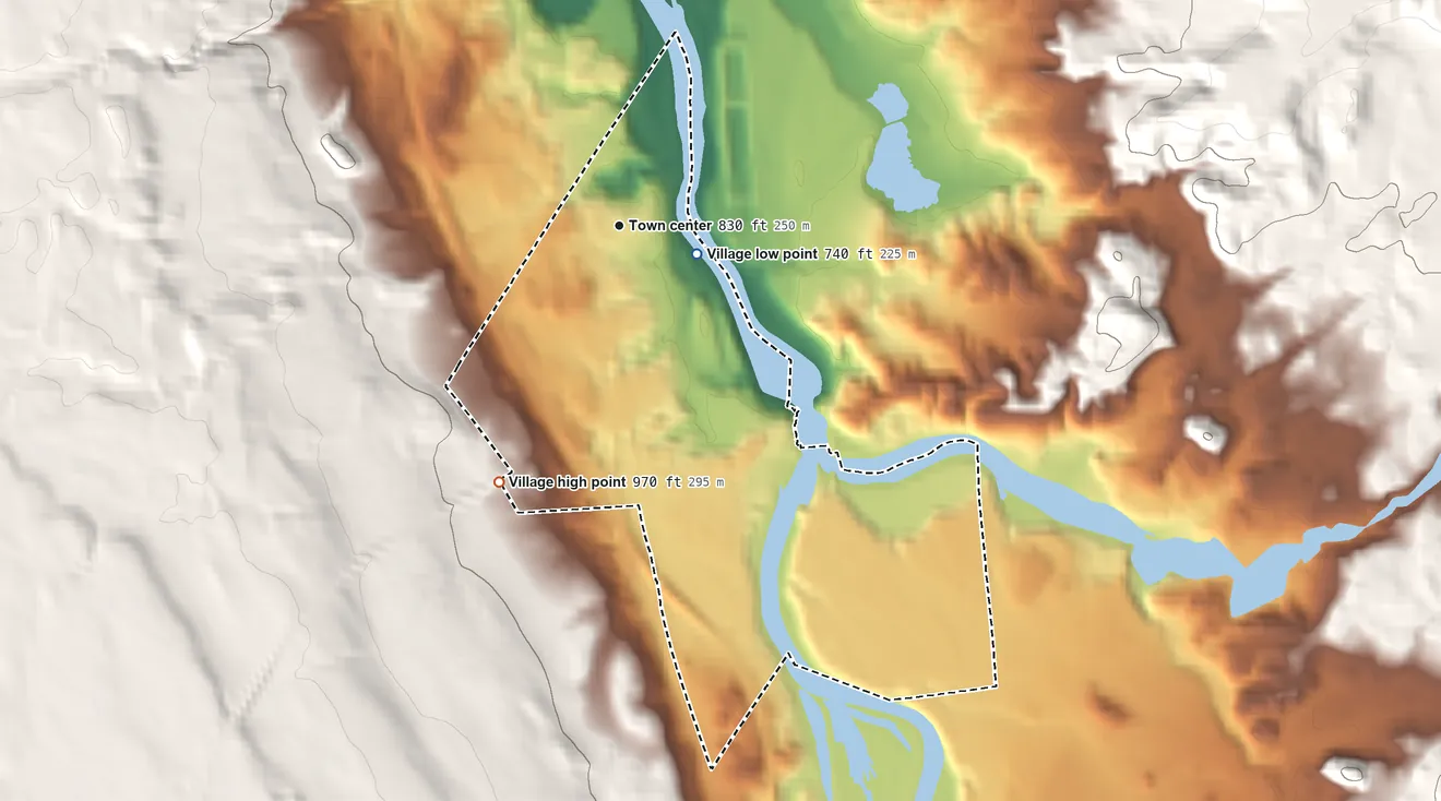 Topographic elevation map of Lyons Falls, New York, shaded from 740 ft near the middle to 970 ft on the southwest edge, below higher ground just outside