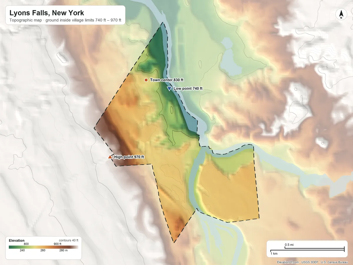 Topographic elevation map of Lyons Falls, New York, shaded from 740 ft near the middle to 970 ft on the southwest edge, below higher ground just outside