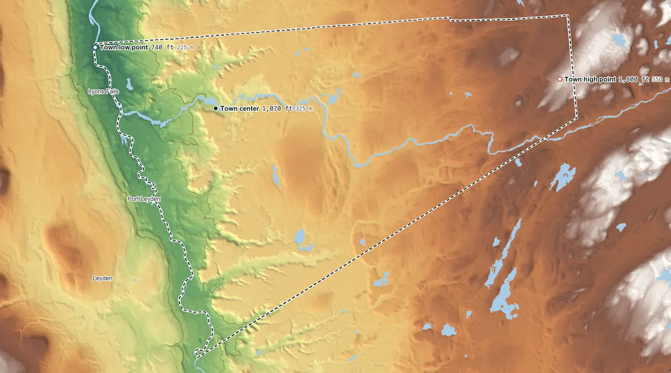 Topographic elevation map of Lyonsdale, New York, shaded from 740 ft on the northwest side to 1,800 ft on the east side
