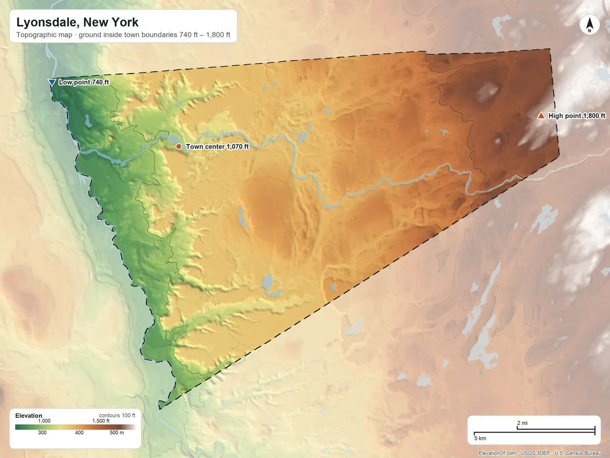 Topographic elevation map of Lyonsdale, New York, shaded from 740 ft on the northwest side to 1,800 ft on the east side