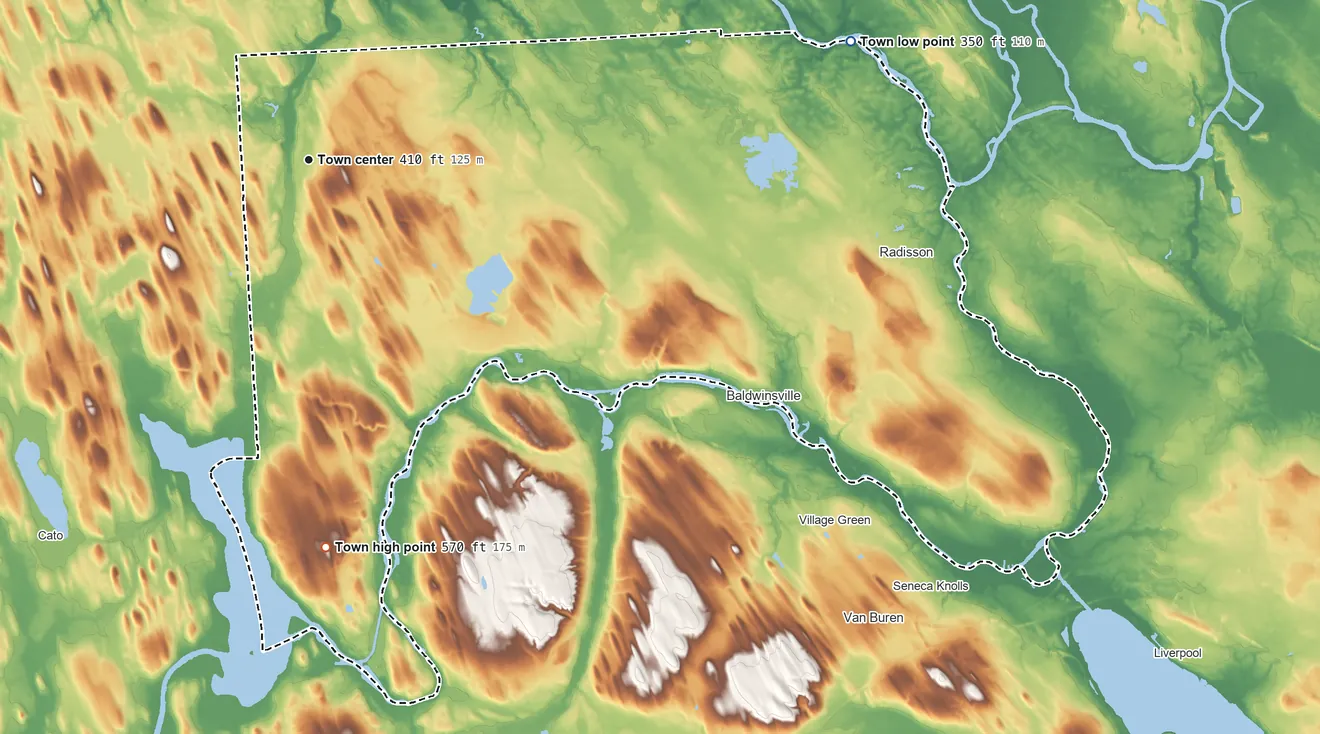 Topographic elevation map of Lysander, New York, shaded from 350 ft on the east side to 570 ft on the south side