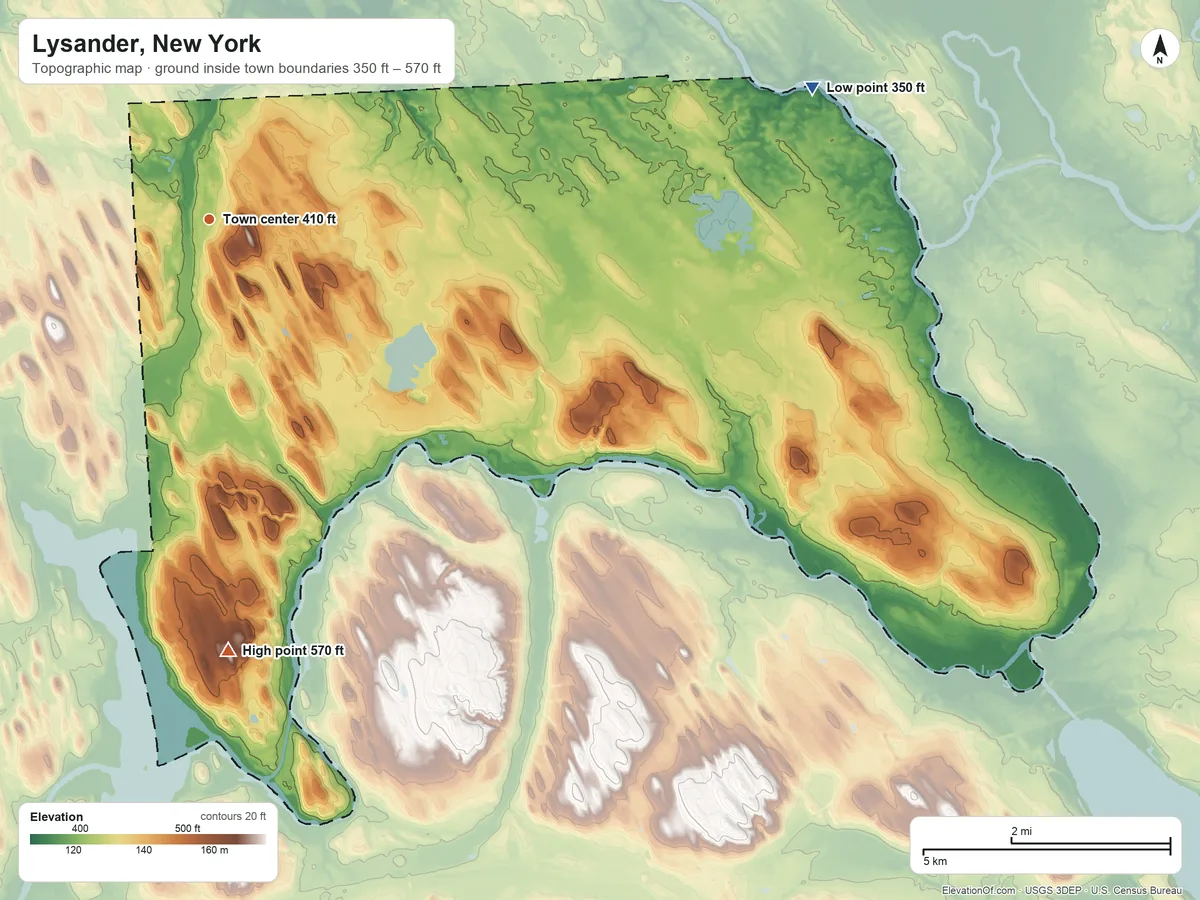 Topographic elevation map of Lysander, New York, shaded from 350 ft on the east side to 570 ft on the south side