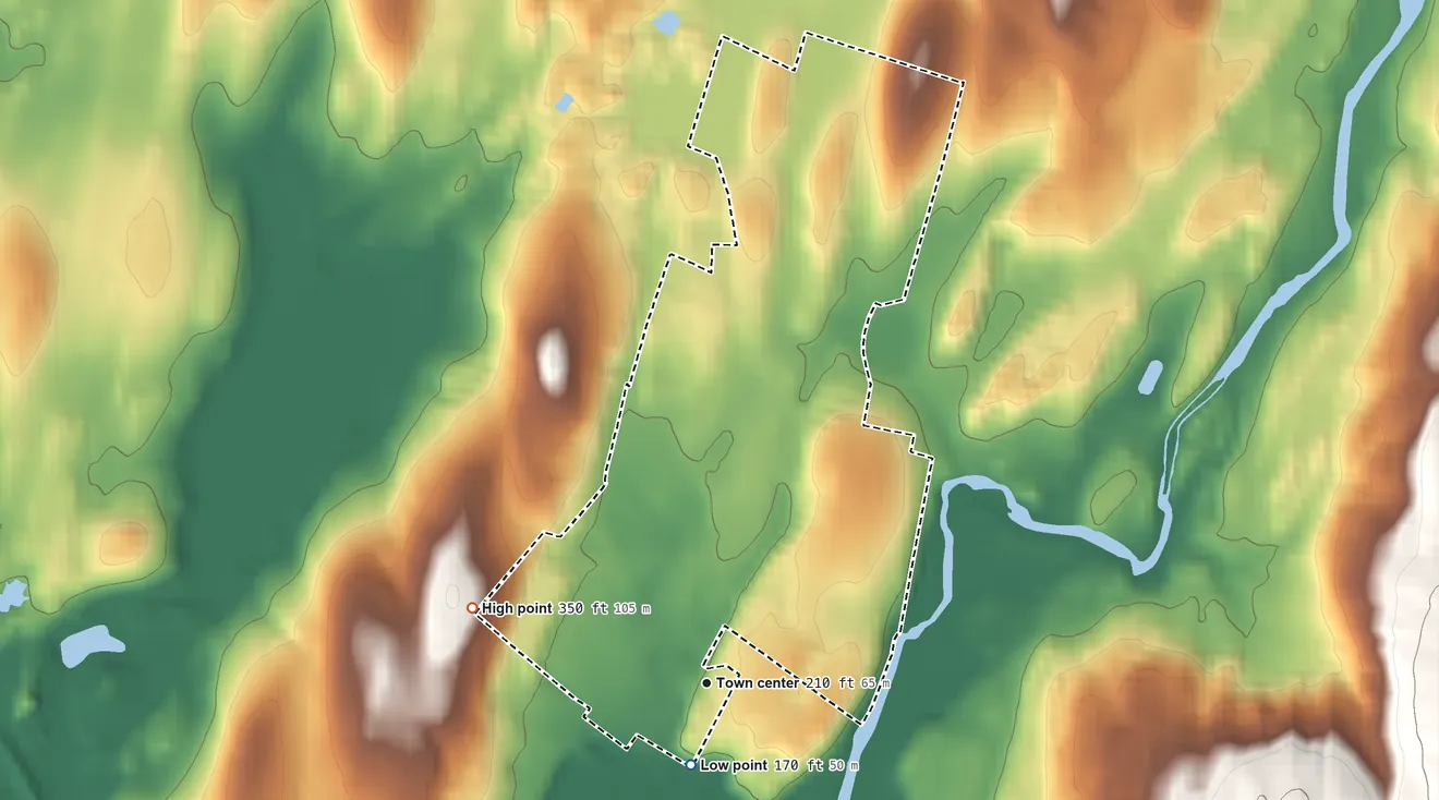 Topographic elevation map of MacDonnell Heights, New York, shaded from 170 ft near the middle to 350 ft on the west side