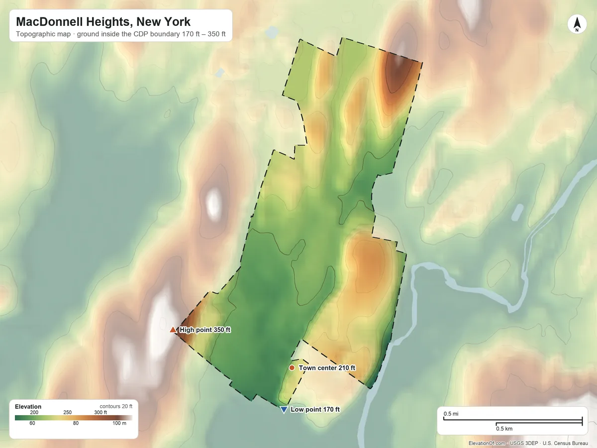 Topographic elevation map of MacDonnell Heights, New York, shaded from 170 ft near the middle to 350 ft on the west side
