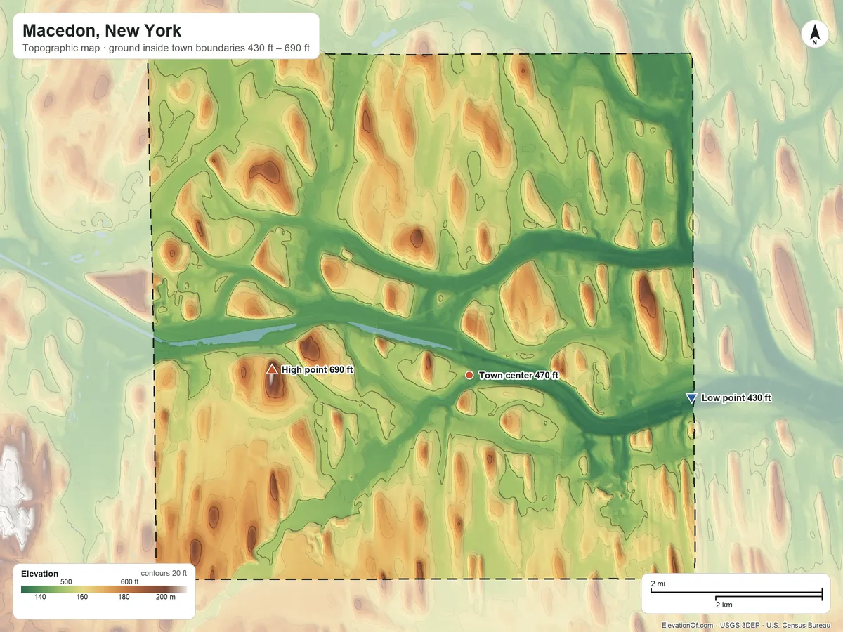 Topographic elevation map of Macedon, New York, shaded from 430 ft on the east side to 690 ft on the west side