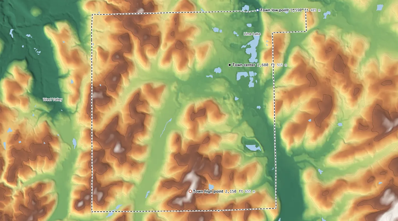 Topographic elevation map of Machias, New York, shaded from 1,590 ft on the northeast side to 2,150 ft on the south side