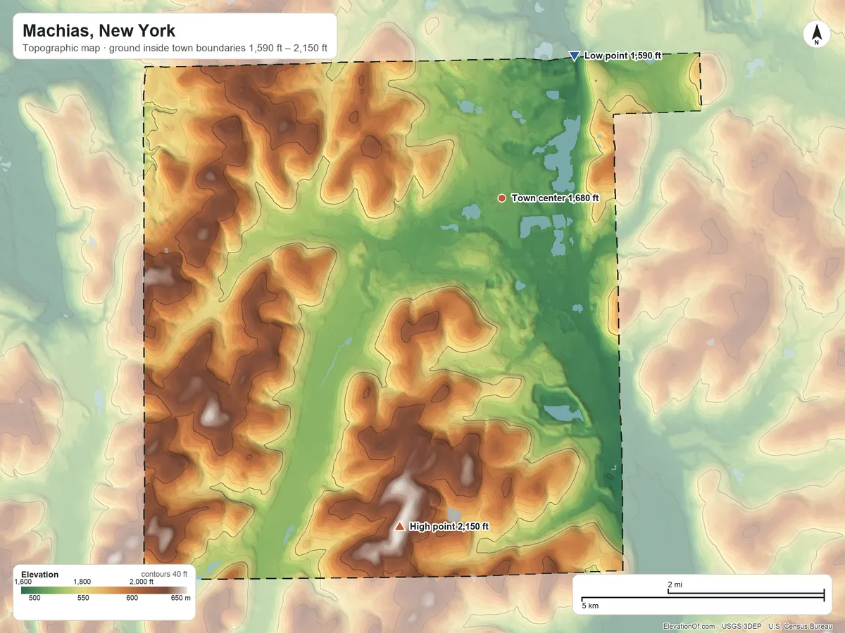 Topographic elevation map of Machias, New York, shaded from 1,590 ft on the northeast side to 2,150 ft on the south side