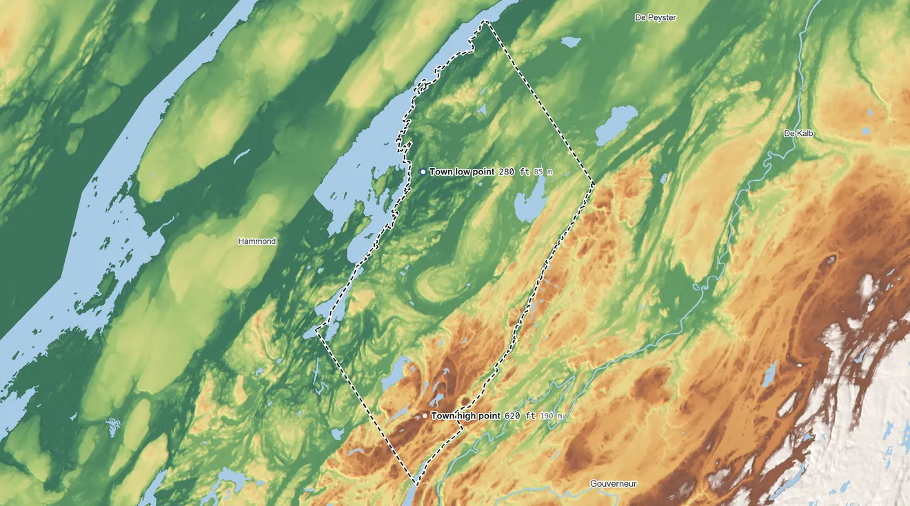 Topographic elevation map of Macomb, New York, shaded from 280 ft on the north side to 620 ft on the south side