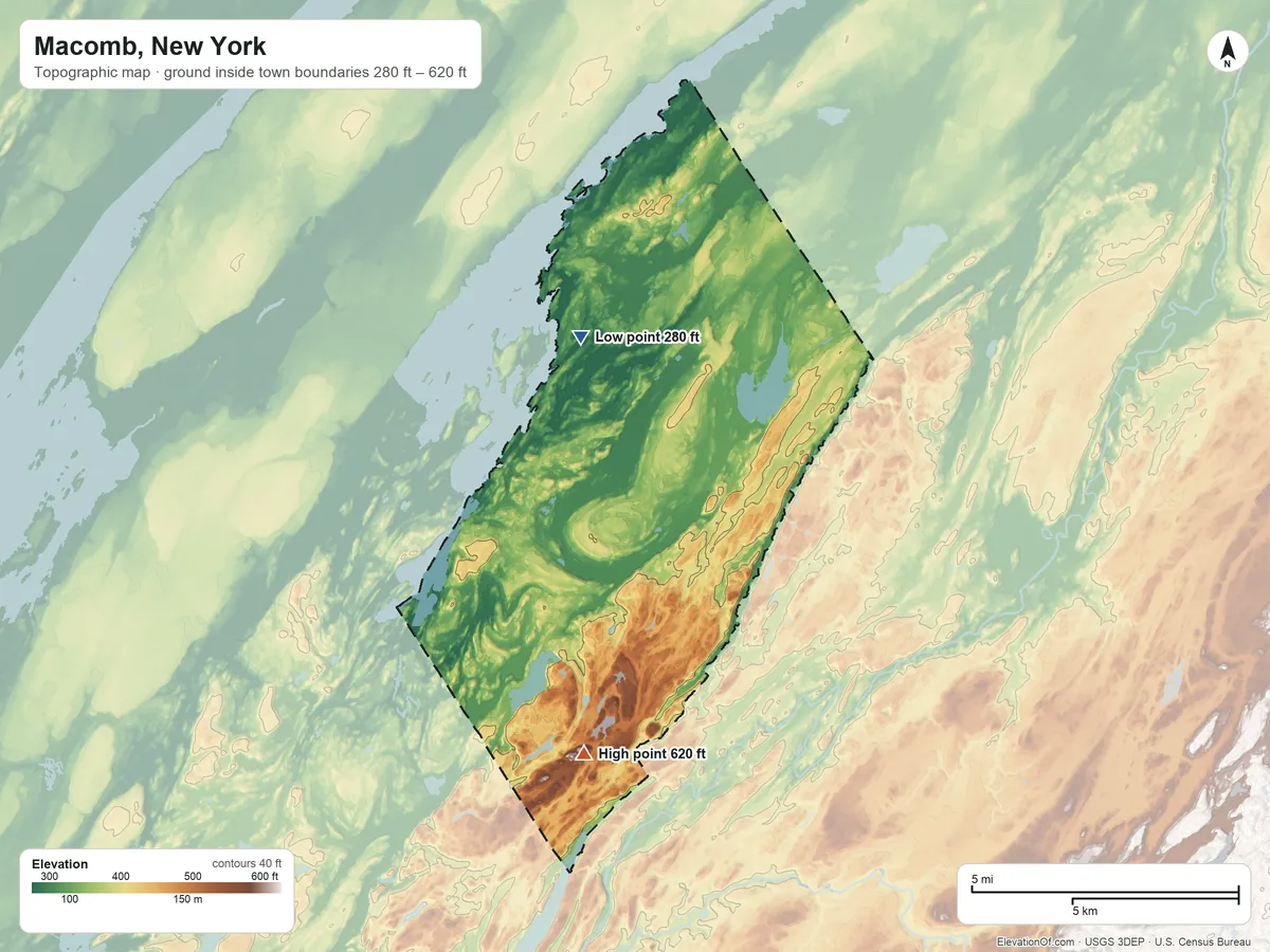 Topographic elevation map of Macomb, New York, shaded from 280 ft on the north side to 620 ft on the south side