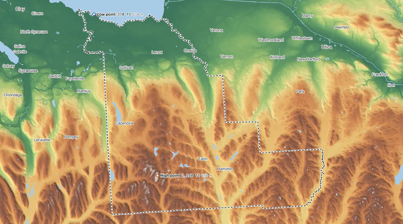 Topographic elevation map of Madison County, New York, shaded from 370 ft on the northwest side to 2,140 ft on the southwest side