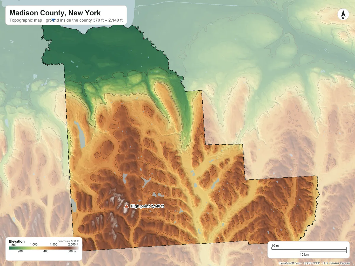 Topographic elevation map of Madison County, New York, shaded from 370 ft on the northwest side to 2,140 ft on the southwest side